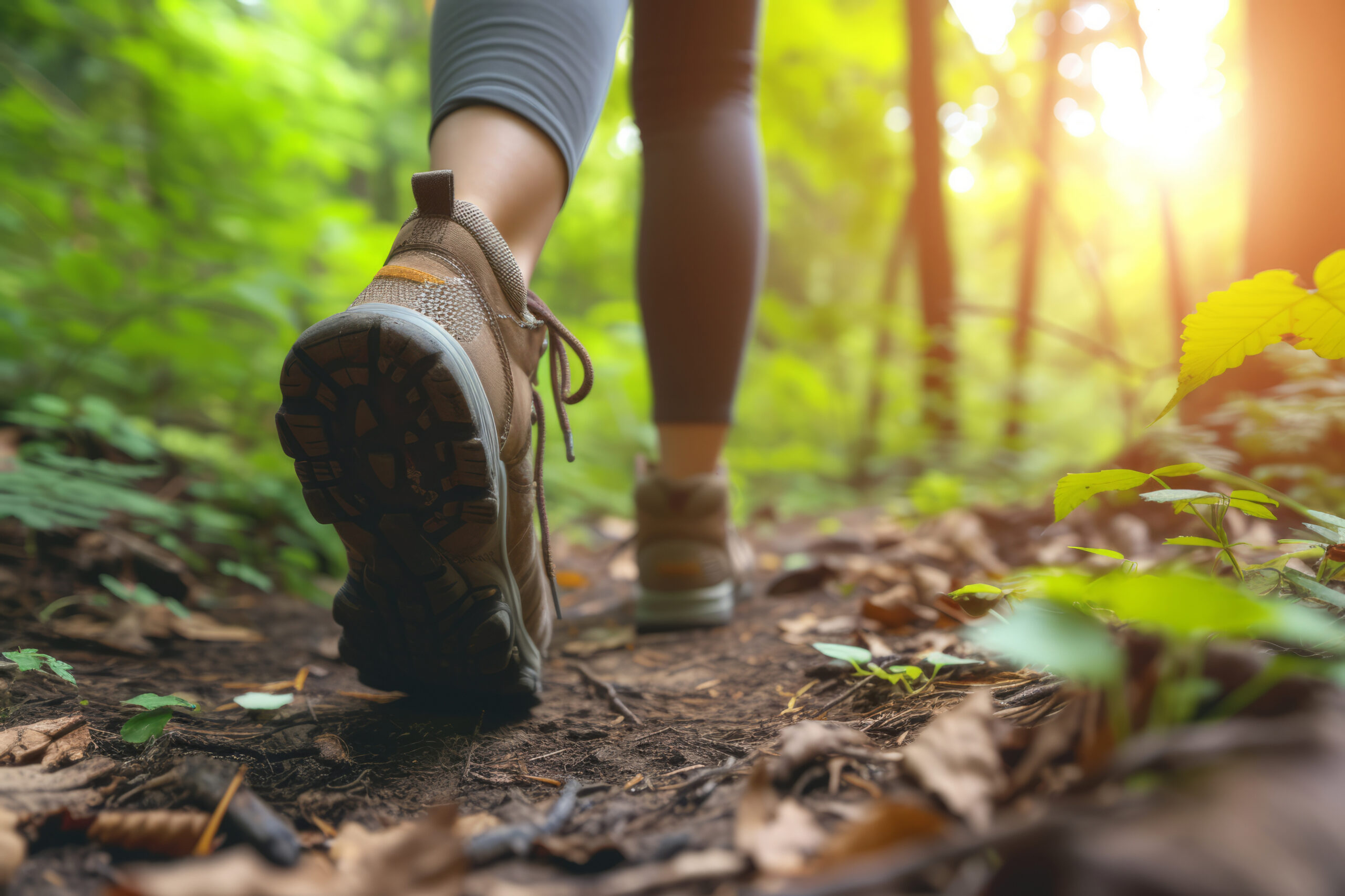 Close up of hiker feet walking outdoors in the forest.