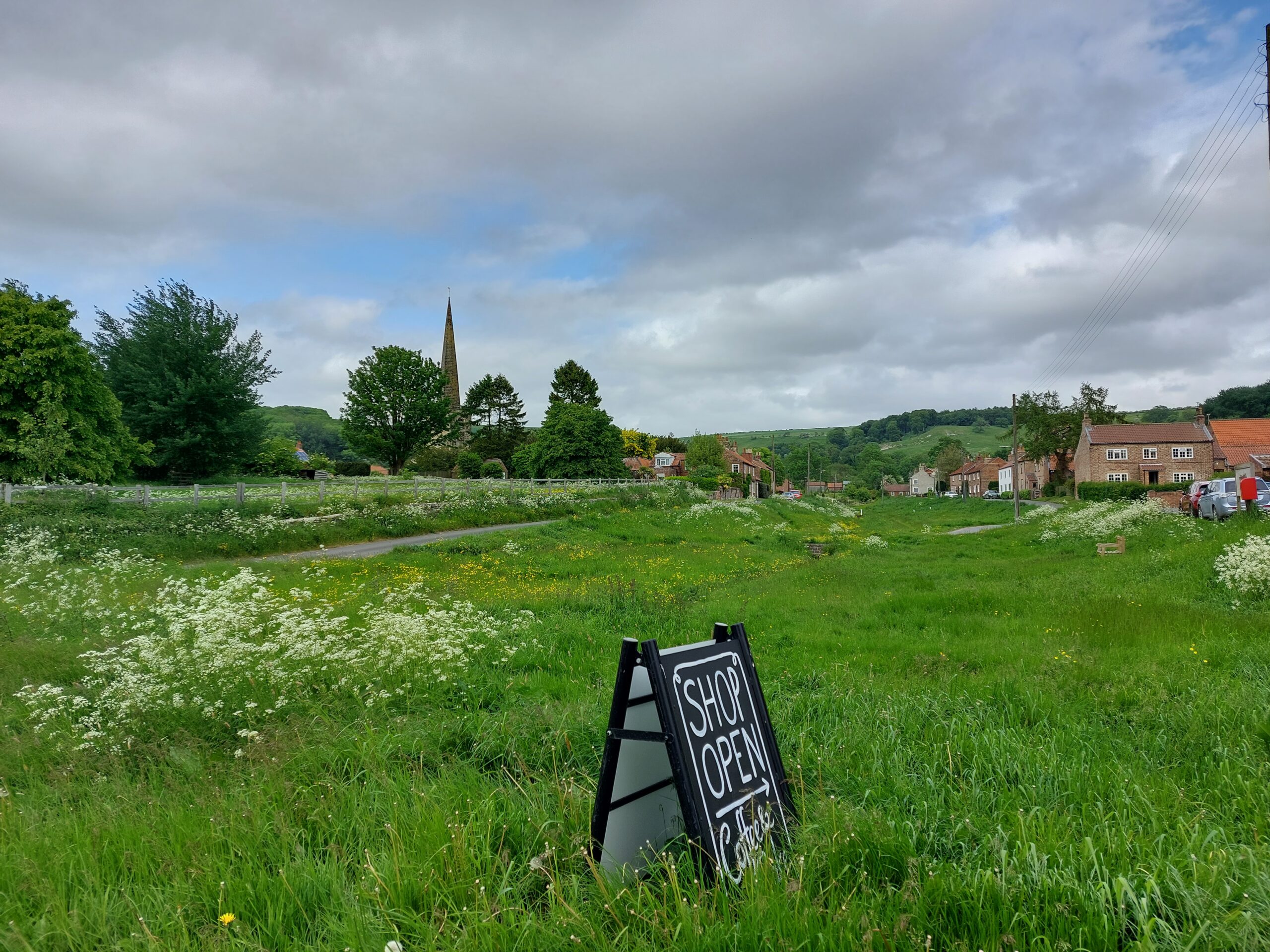 A lush green field with a 'shop open' sign in the foreground and a church spire in the background