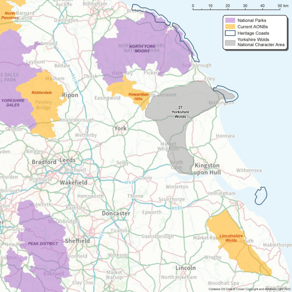 Map of the Yorkshire Wolds National Character Area and surrounding National Parks, AONBs & Heritage Coasts